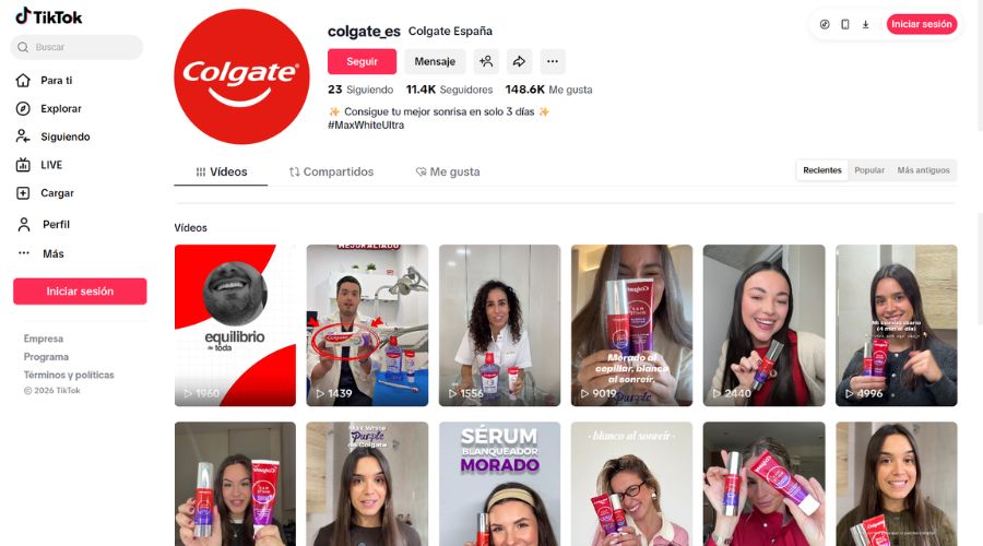 Perfil de Colgate en TikTok Shop España